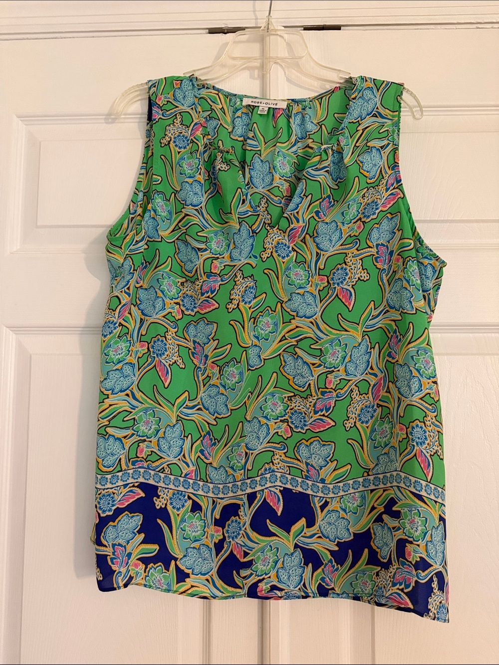 Rose&Olive Green Floral Sleeveless Camisole with Blue Border